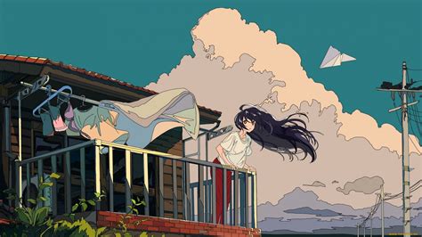 Anime Anime Girls Clouds Paper Planes Balcony Artwork Cogecha Wallpaper Resolution X