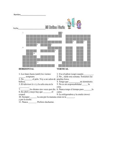 Mi Rutina Diaria Crucigrama Seventh Grade Crossword Puzzle Spanish
