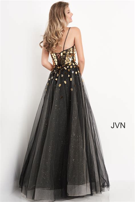 Jvn05737 Black Gold Glitter Spaghetti Strap Prom Ballgown