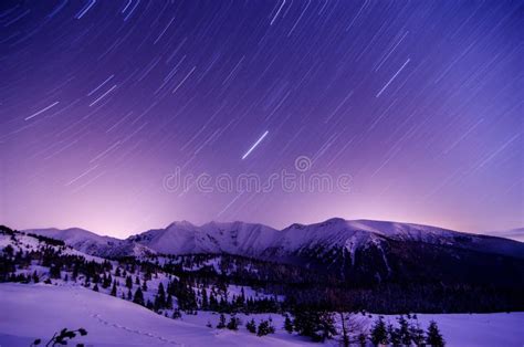Milky Way Galaxy Purple Night Sky Stars Above Mountains Stock Image