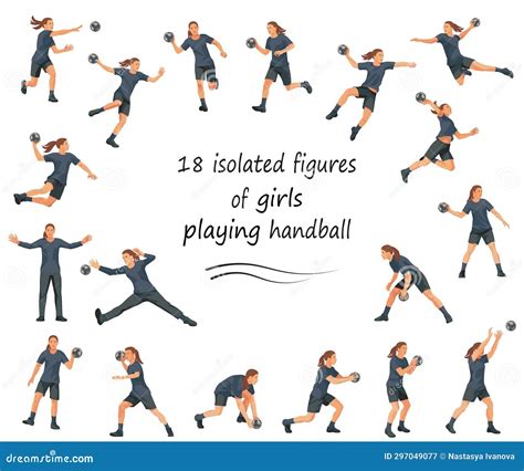 18 Figures Of Girls Playing Handball In Black Uniforms Training