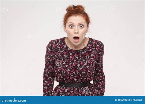 Amazement Redhead Young Woman Is Shocked Open Mouth And Big Eye Stock Image Image Of