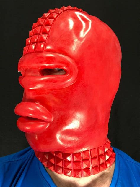 Red Rubber Gimp Latex Mask With Sissy Lips Studs Fetish Stag Oral Toy Ebay