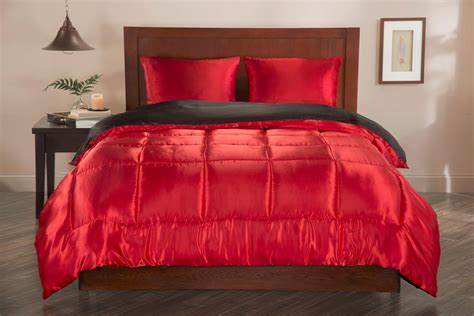 luxury satin reversible 3pc comforter set full queen black red