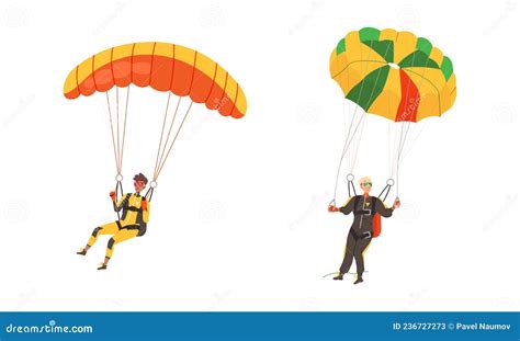 Skydivers Flying With Parachute Set Extreme Sport And Leisure Activity