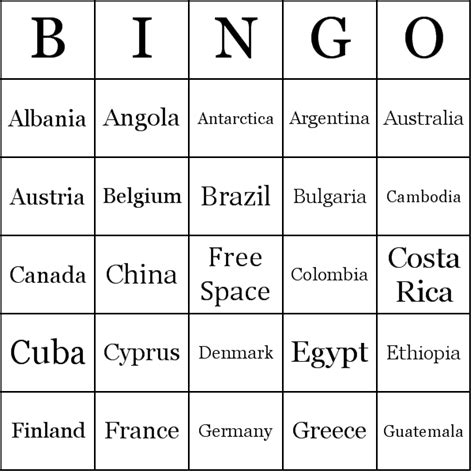 Countries Bingo Cards