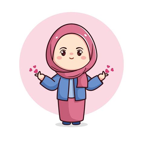 Cute Hijab Girl With Love Sign Kawaii Chibi Cartoon Flat Character