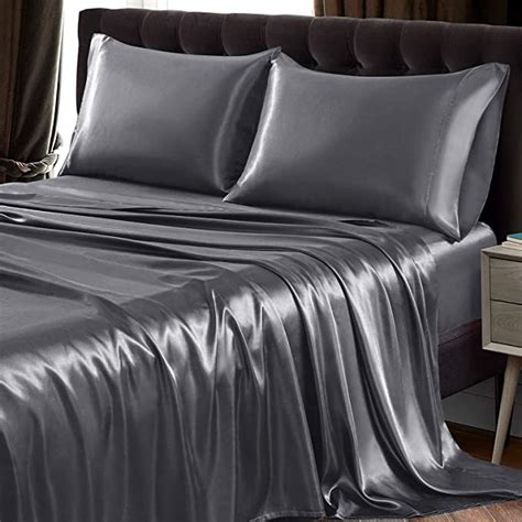 Amazon Com Siinvdabzx Pcs Satin Sheet Set Queen Size Ultra Silky Soft Grey Satin Queen Bed