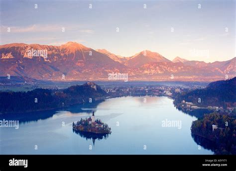Lake Bled Very Wide Vista High Viewpoint Landscape Autumn Slovenia At