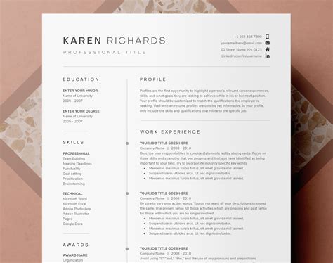 Modern Clean One Page Resume Template Cv Template Cover Etsy