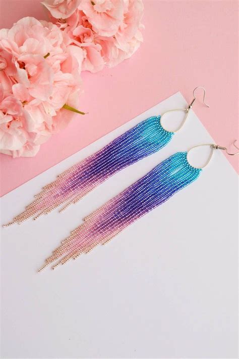 Ombre Beaded Earrings Beaded Fringe Earrings Sky Blue Earrings Etsy