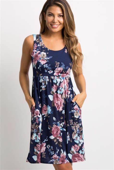 Navy Floral Print Sleeveless Dress A Navy Floral Print Sleeveless