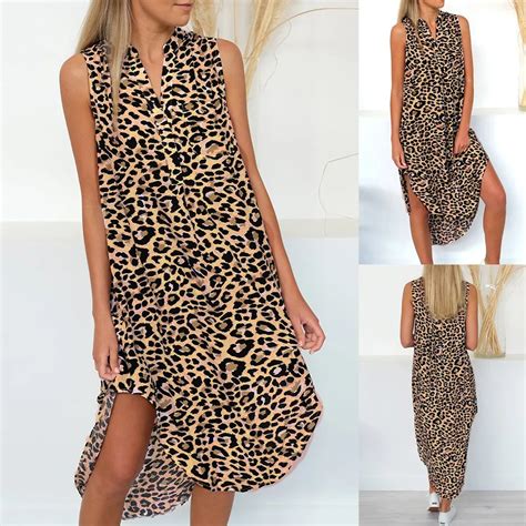 Summer Dress 2019 Women Fashion V Neck Sleeveless Leopard Print Dress