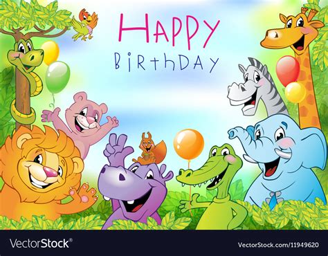 Cartoon Animals Birthday Greeting Card Royalty Free Vector