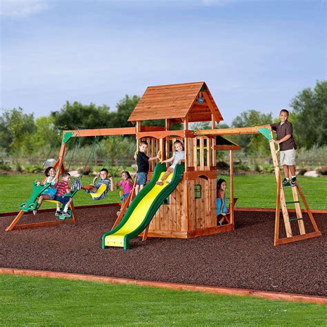 Deluxe cedar play set with many exciting features that include lifetime monkey bar adventure swing set (earthtone). Cedar Wood Swing Set Kids Playground Outdoor Backyard Fort ...