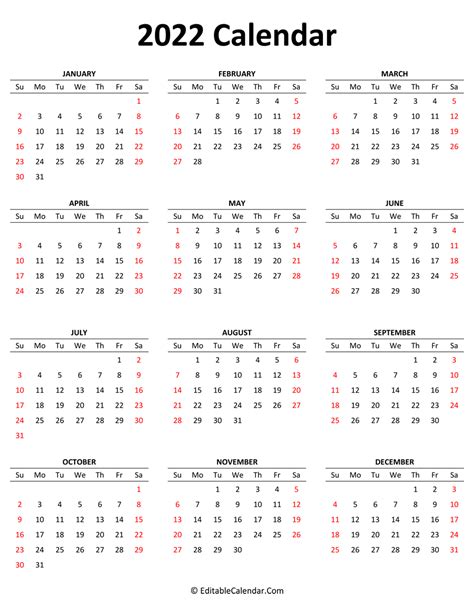 Editable 2022 Yearly Calendar Stormkda