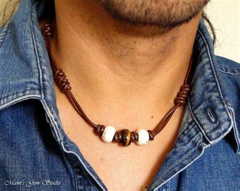 Mens Tribal Necklace Brown Leather Choker Tiger Eye White Magnesite
