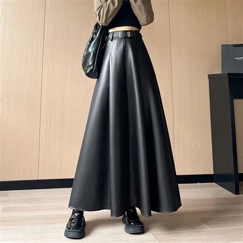 TIGENA Ankle Length Faux Leather Skirt For Women 2023 Autumn Winter