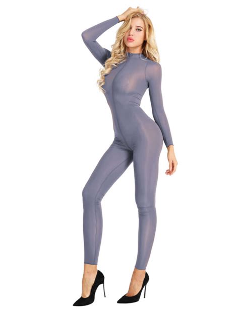 Sexy Damen Sheer Lingerie Catsuit Bodysuit Reißverschluss Overall