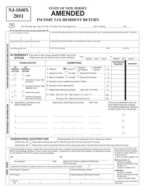 Fillable Online 2011 Nj 1040x Form Fax Email Print Pdffiller