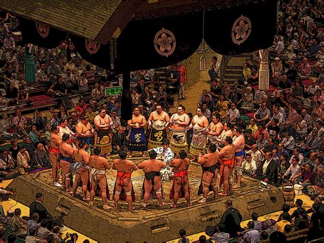 Judge And Sumo Wrestlers In The Tokyo Grand Sumo Tournament Japan