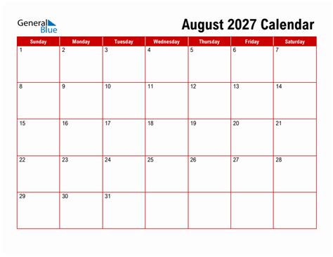 Basic Monthly Calendar August 2027