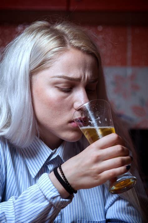 Sad Depressed Female Drinking Beer Alone At Home Stock Image Image Of