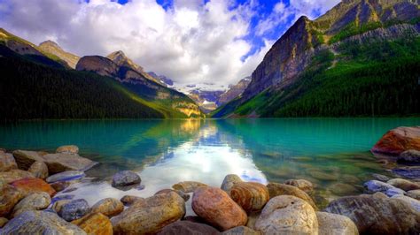 Lake Louise Hamlet In Alberta Canada Mountains Forest Trees Turquoise