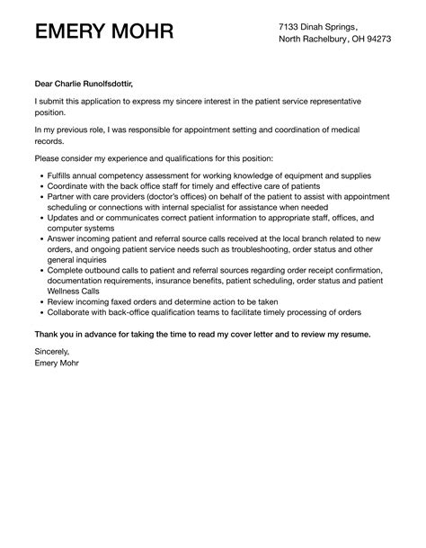 Patient Service Representative Cover Letter Velvet Jobs