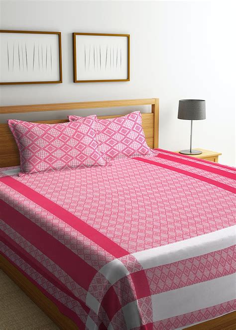 Get Printed Pink Cotton Woven Design Double King Bedcover With 2 Pillow