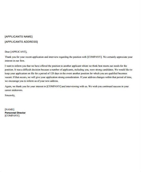 Employment Rejection Letters 6 Free Sample Example Format Download