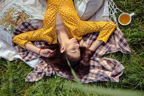 Wallpaper Model Brunette Yellow Dress Grass Closed Eyes Cleavage Blankets Lying On Back