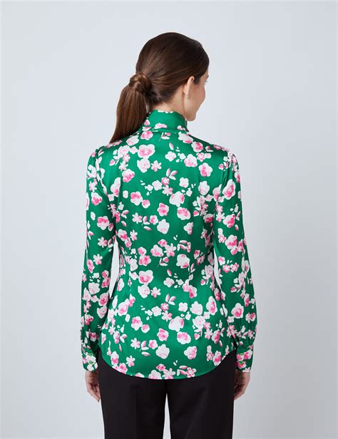 satin floral print women s fitted blouse with single cuff and pussy bow in green and pink hawes