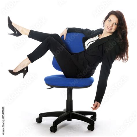 Beautiful Brunette Secretary Wears Suit And High Heels On Office Foto