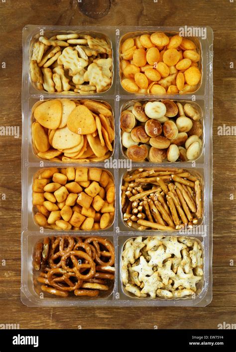 Various Salty Snacks Crackers Chips Nuts Pretzels Stock Photo Alamy