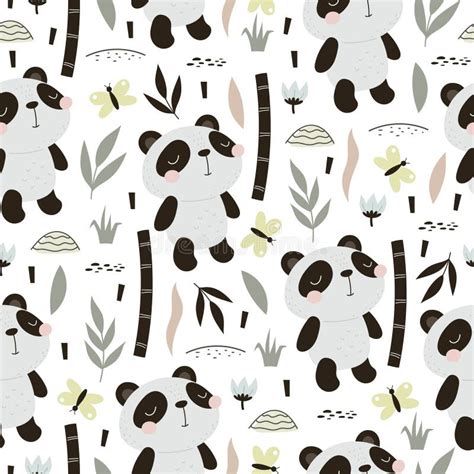 Seamless Pattern With Cartoon Pandas Bamboo Décor Elements Colorful