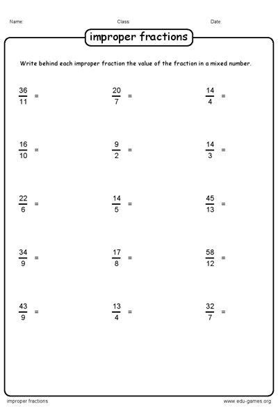 Free Printable Math Worksheets Improper Fractions