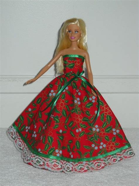 Barbie Doll Christmas Holiday Dress Handmade Strapless Gown Red With Holly Dresses Holiday