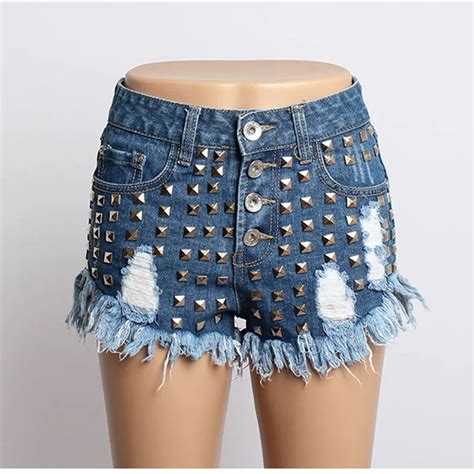 Nice Pop Vogue Summer Women Cloth Street Tide Denim Shorts Rivets Short Jeans Loose Cotton Hole
