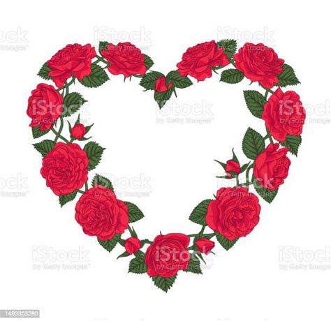 Heart Shaped Wreath Of Red Roses Floral Frame For Greeting Or Wedding