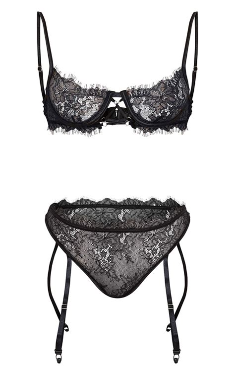 black satin trim underwired lace lingerie set prettylittlething