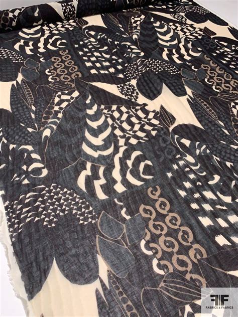 Italian Abstract Leaf Collage Printed Wool Rayon Challis Tealblack