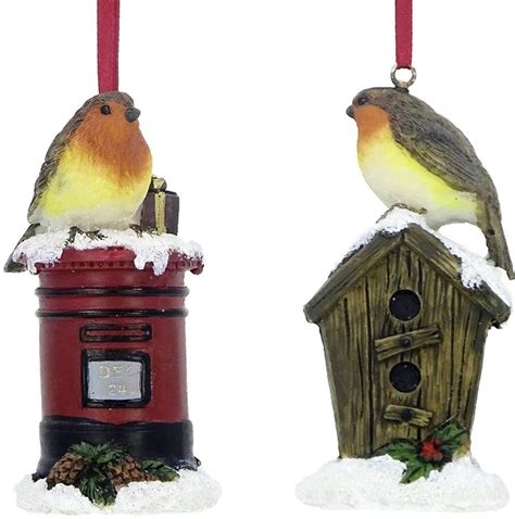 Set Of 2 Robin Christmas Ornament Xmas Tree Hanging Bird Decorations