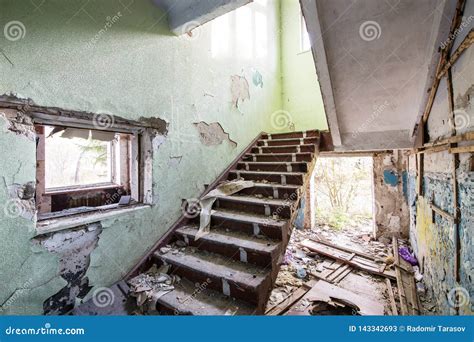 Concrete Staircase In The Old Abandoned Ruined House Stock Image