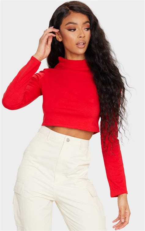 Red High Neck Long Sleeve Crop Top Tops Prettylittlething Usa