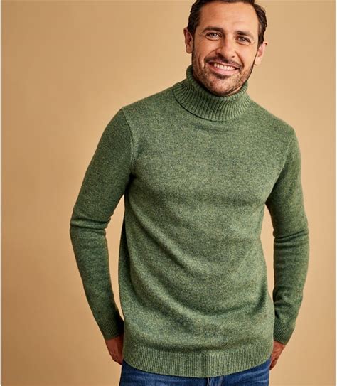 Mid Pea Marl Mens Lambswool Polo Neck Jumper Woolovers Uk