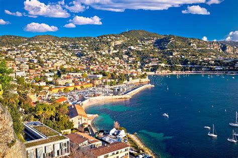 Villefranche Sur Mer Idyllic French Riviera Town Aerial Bay View Stock