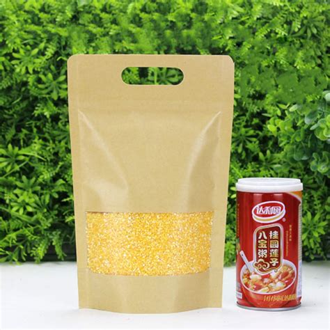 Resealable Stand Up Handle Kraft Paper Pouches Zip Bags With Matte