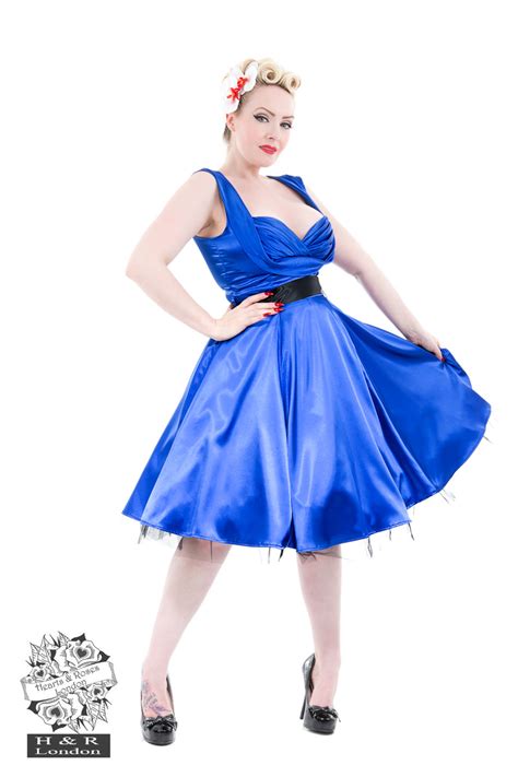 Blue Satin 50s Prom Swing Dress In Blue Hearts And Roses London