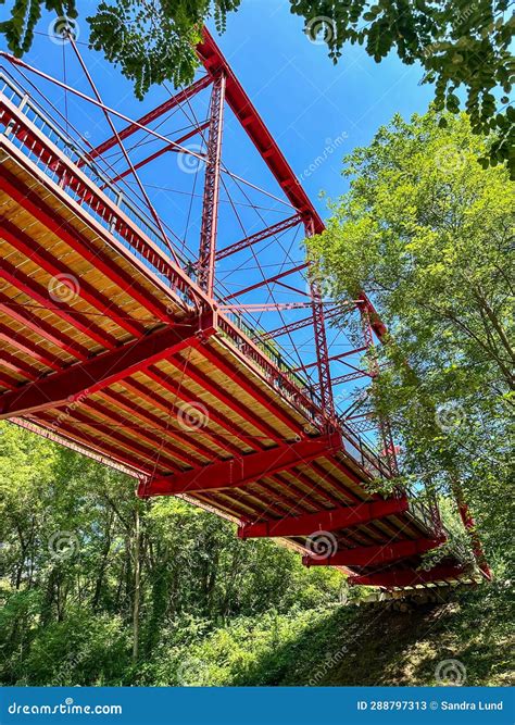 Restored Red Bridge At Historic Bridge Park In Battle Creek Michigan